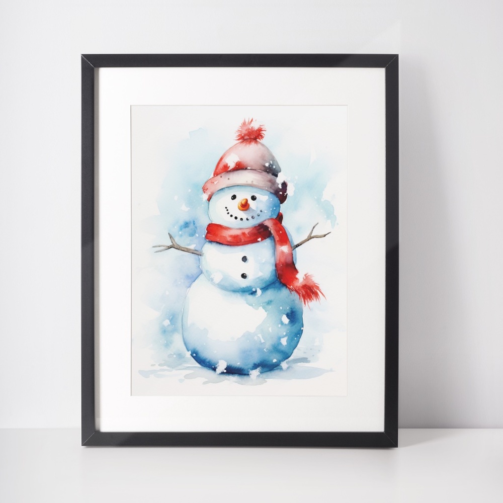Watercolor Snowman Christmas Theme Wall Art Illustration Print Unframed - Picture 3 of 5